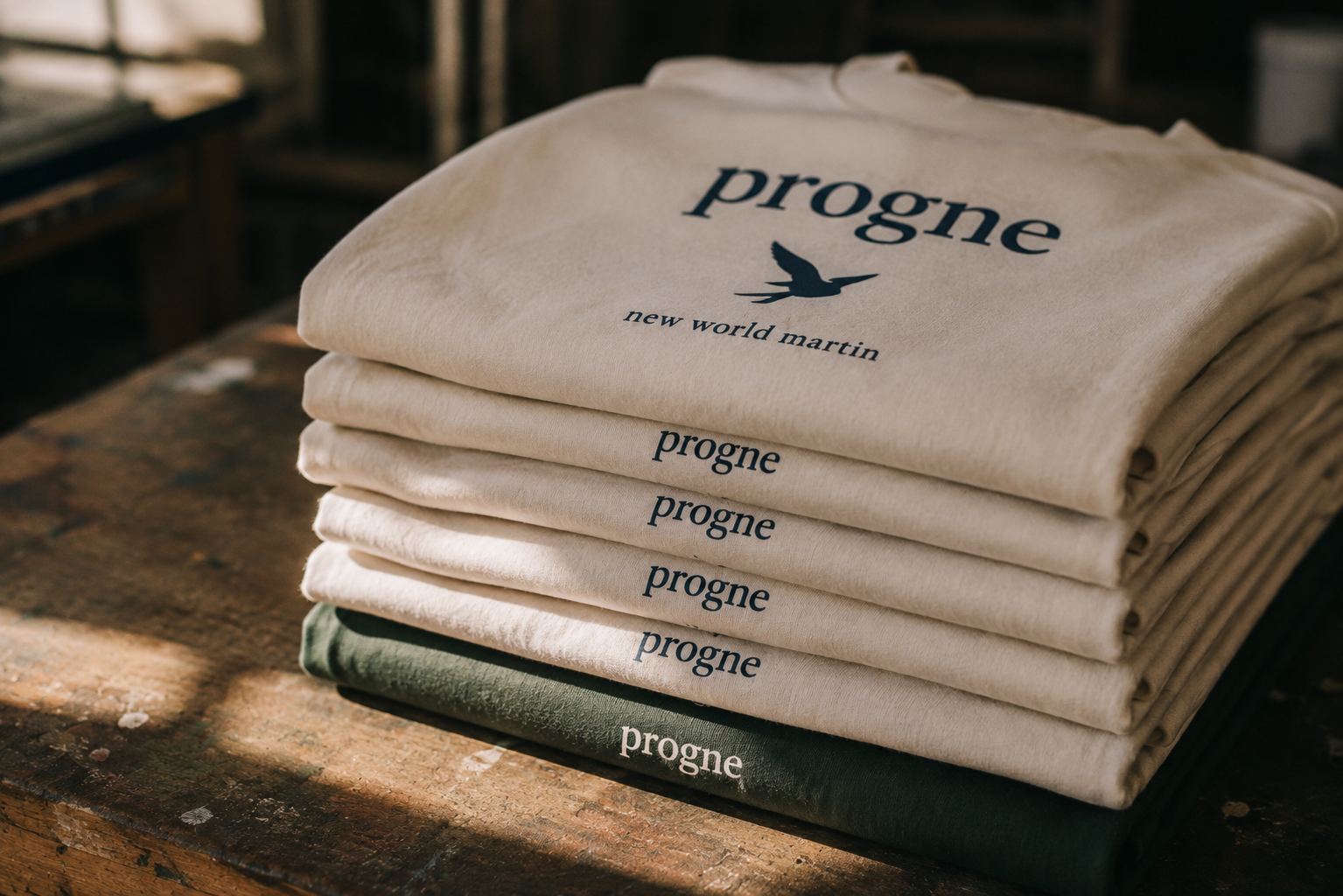 A stack of folded Progne tees